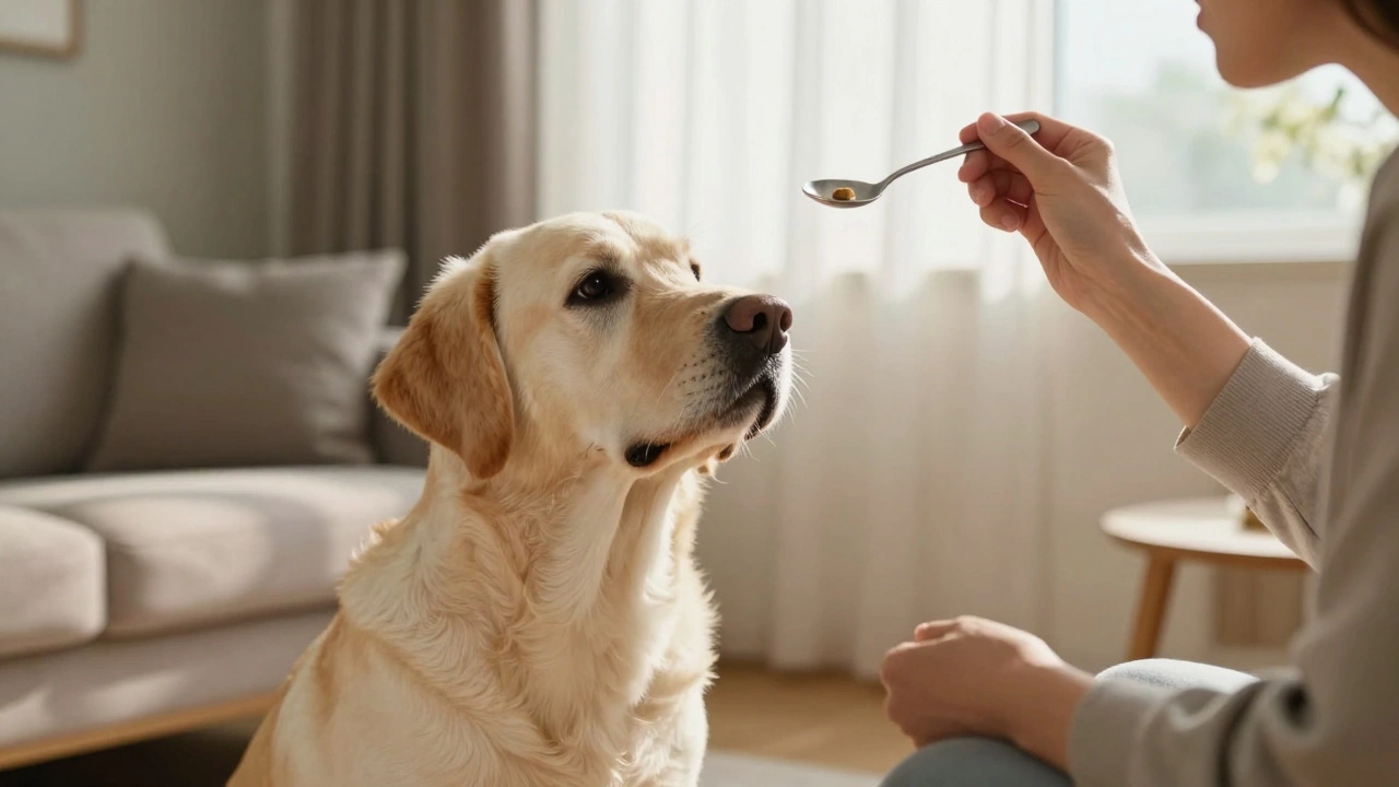 Senior Labrador looking up at owner holding a health supplement