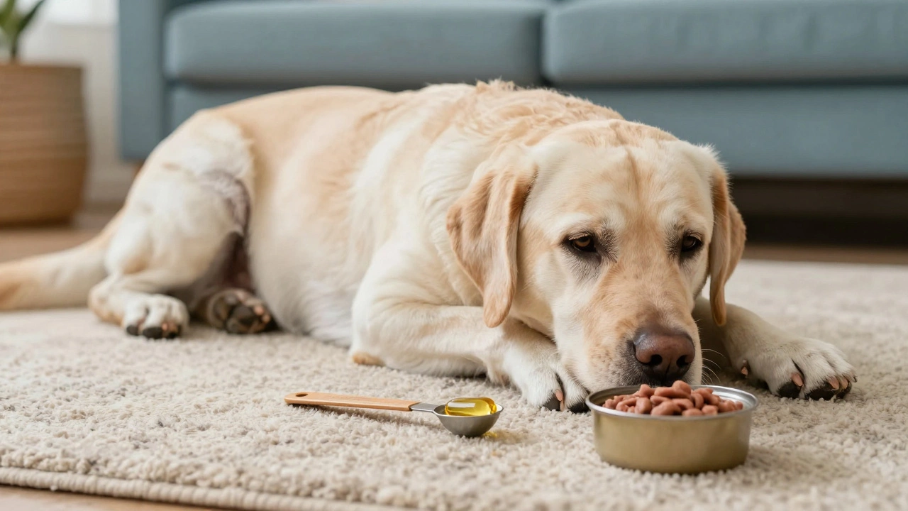 Senior Labrador resting comfortably with fish oil supplement