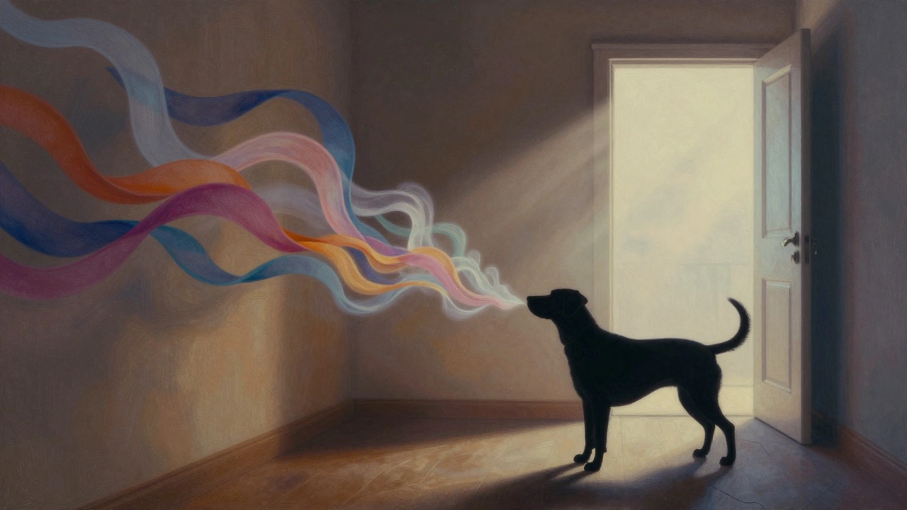 Abstract art showing dog sensing fading scent ribbons in hallway