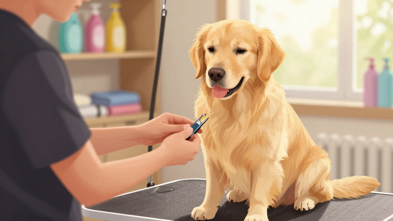 Calm dog getting nails ground with positive reinforcement
