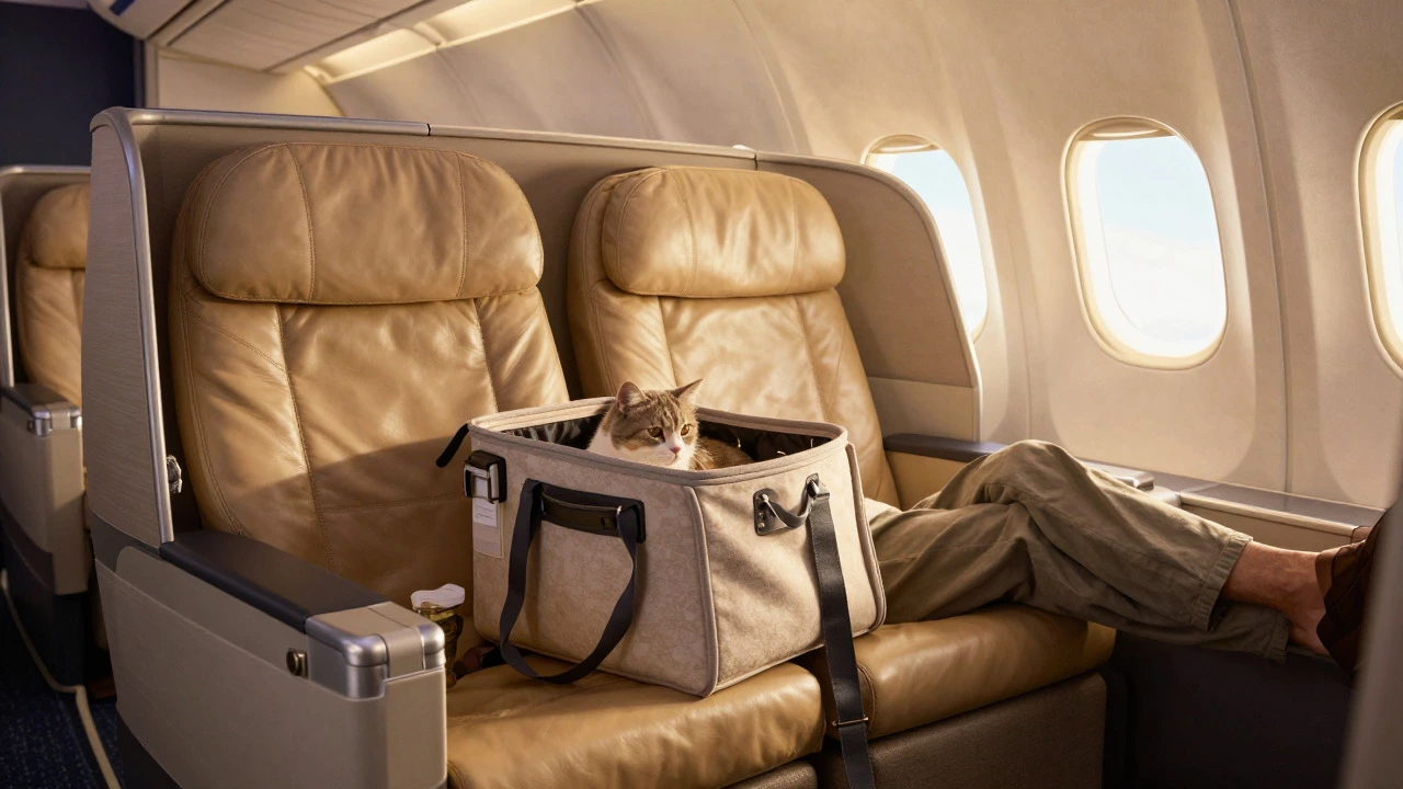 Cat in carrier under business class seat on luxury flight