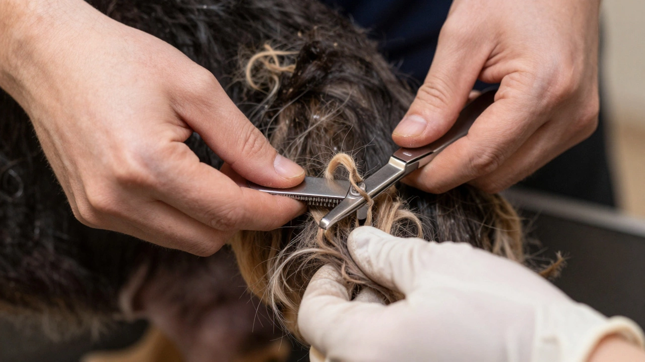 Close-up of hands carefully detangling matted dog fur