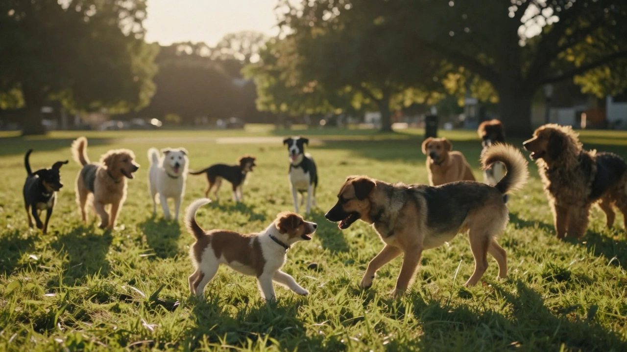 Diverse dogs playing happily in a park during golden hour sunlight