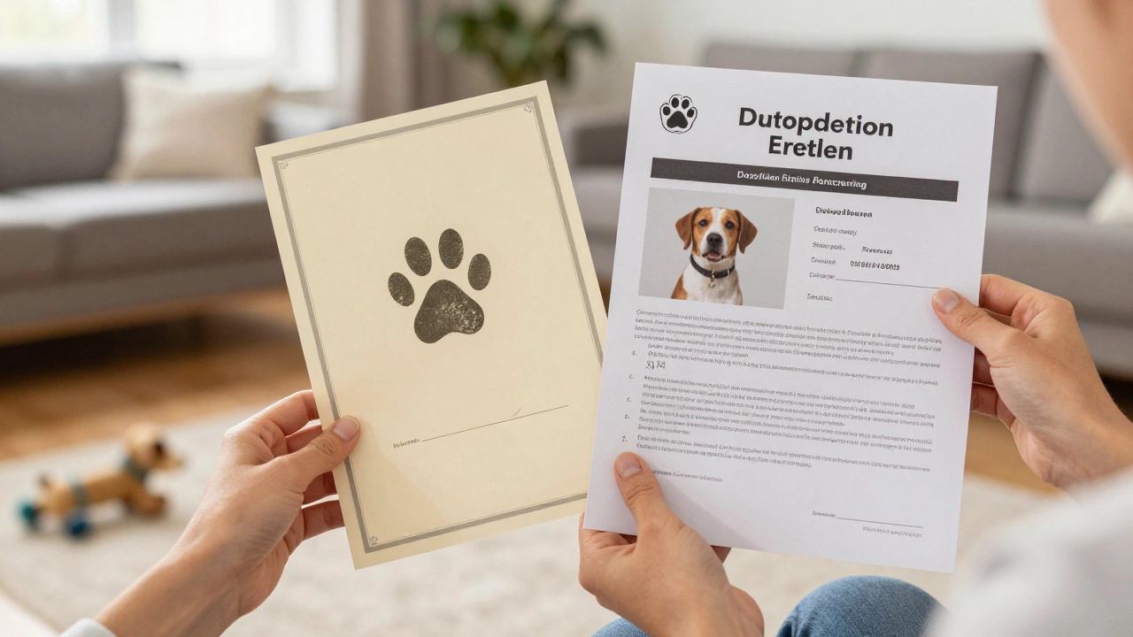 Hands holding adoption papers and breeder health documents in a cozy home