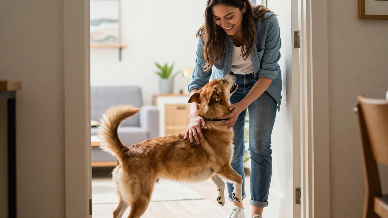 Happy dog jumping to greet owner at the front door