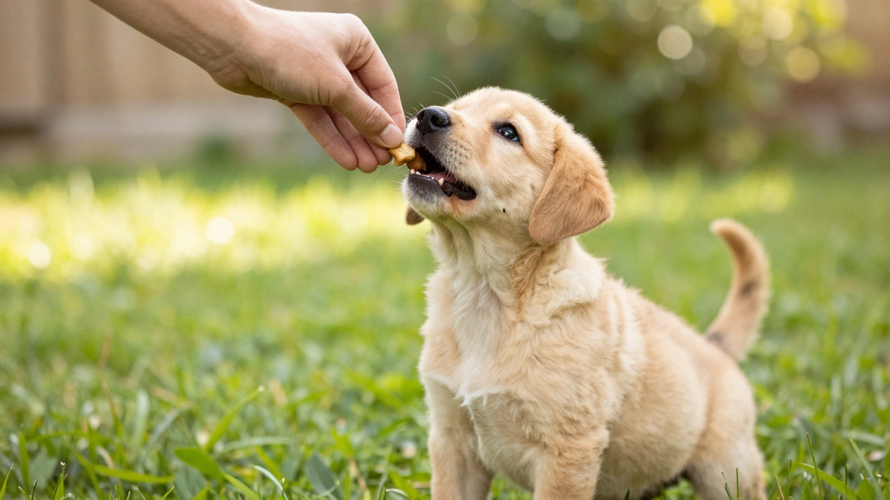 Happy puppy receiving treat and praise on green grass outdoors