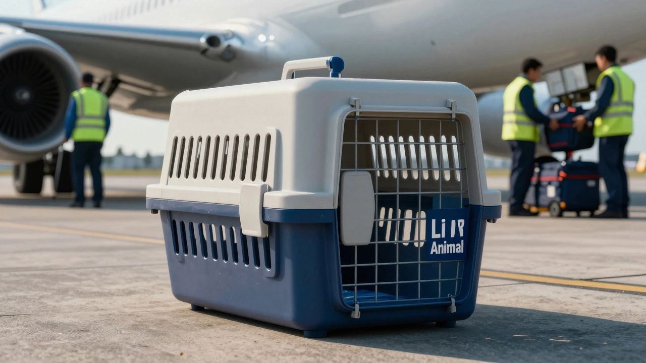 IATA compliant pet crate on airport tarmac near plane