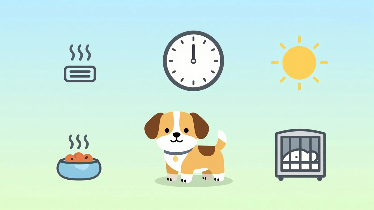 Illustration of puppy with clock and icons for routine and timing
