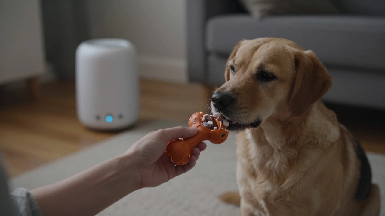 Owner giving puppy a treat toy during bedtime routine