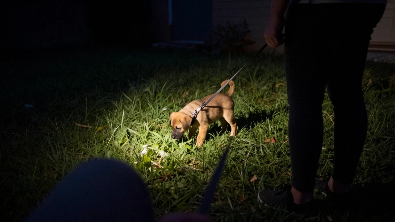 Owner holding leashed puppy on grass during night potty break