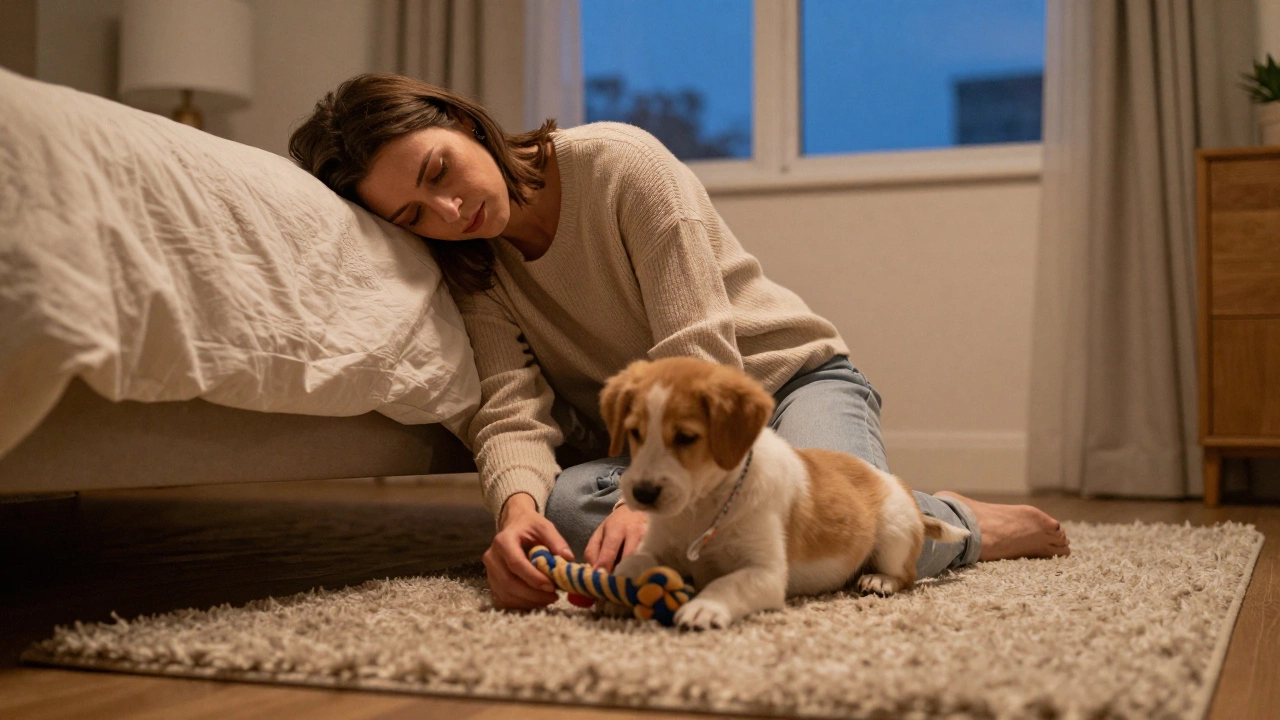 Owner playing gently with puppy before bedtime
