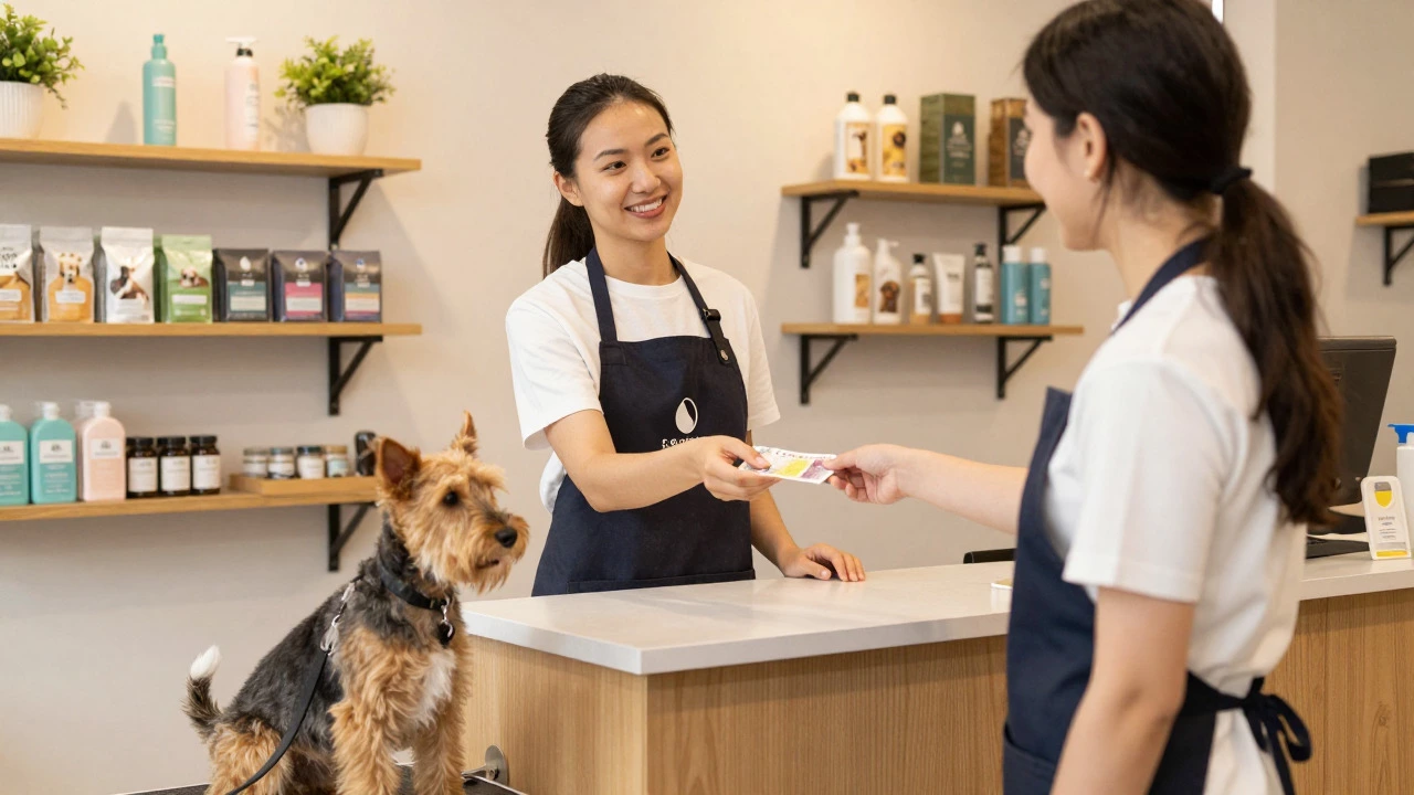 Pet owner handing cash tip to groomer at reception desk