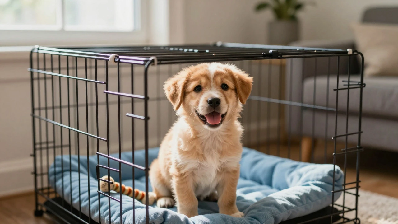 Puppy resting comfortably in a cushioned crate in a sunlit room
