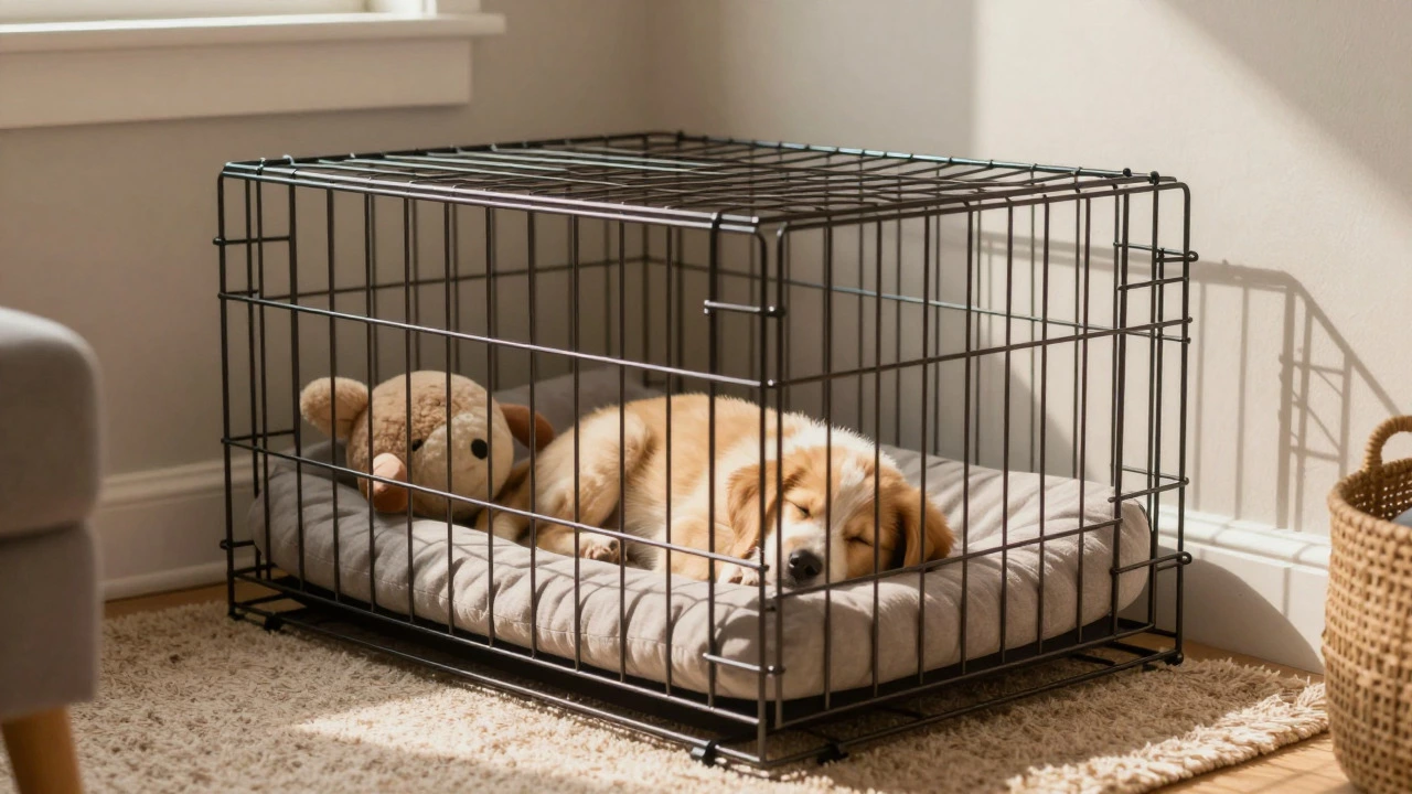 Puppy sleeping peacefully in crate in sunlit room