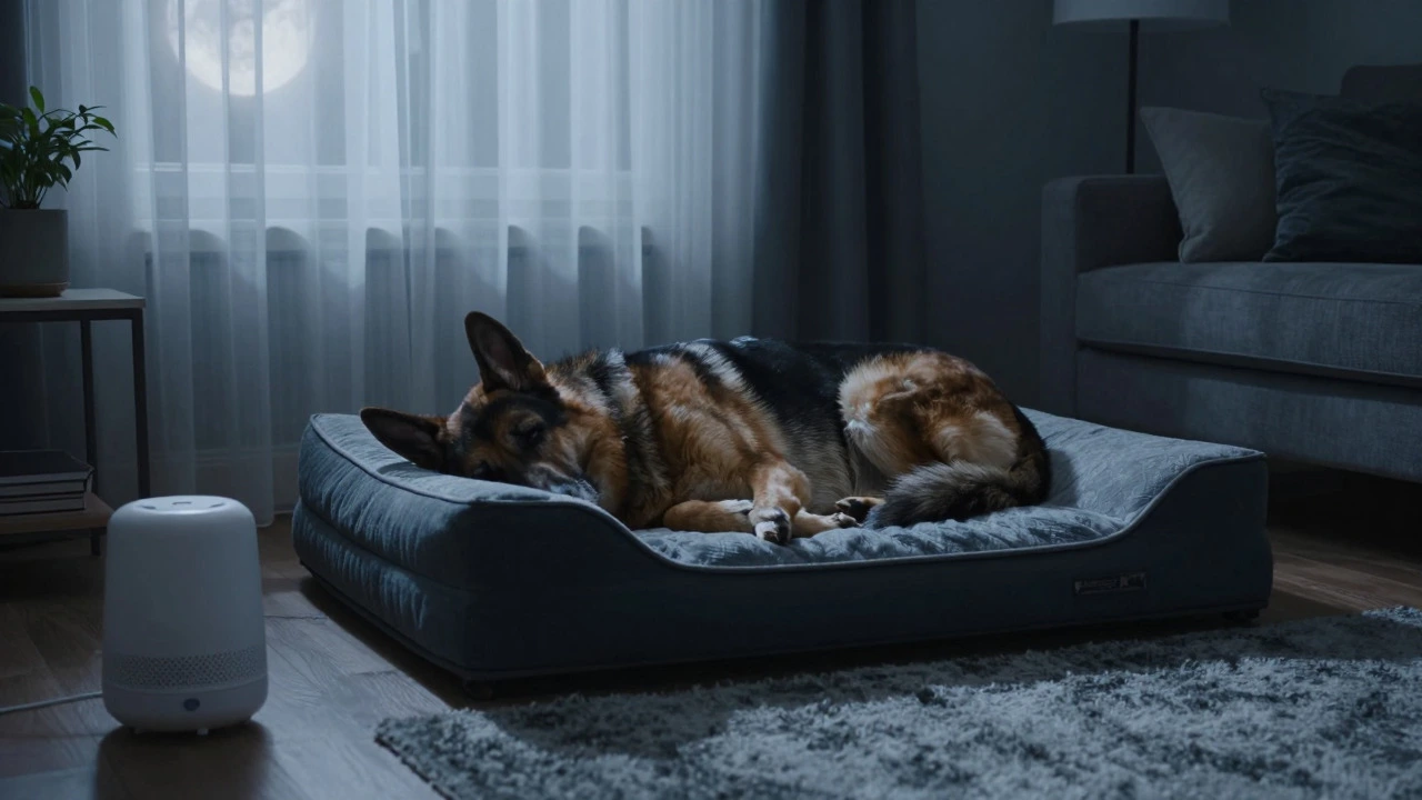Senior dog sleeping on orthopedic bed in a quiet, moonlit living room