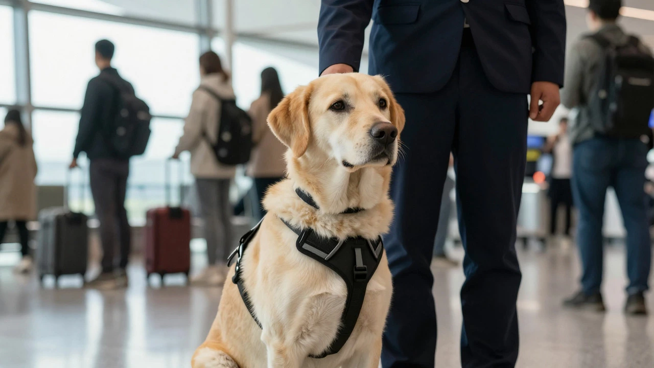 Service dog sitting with handler at airport security