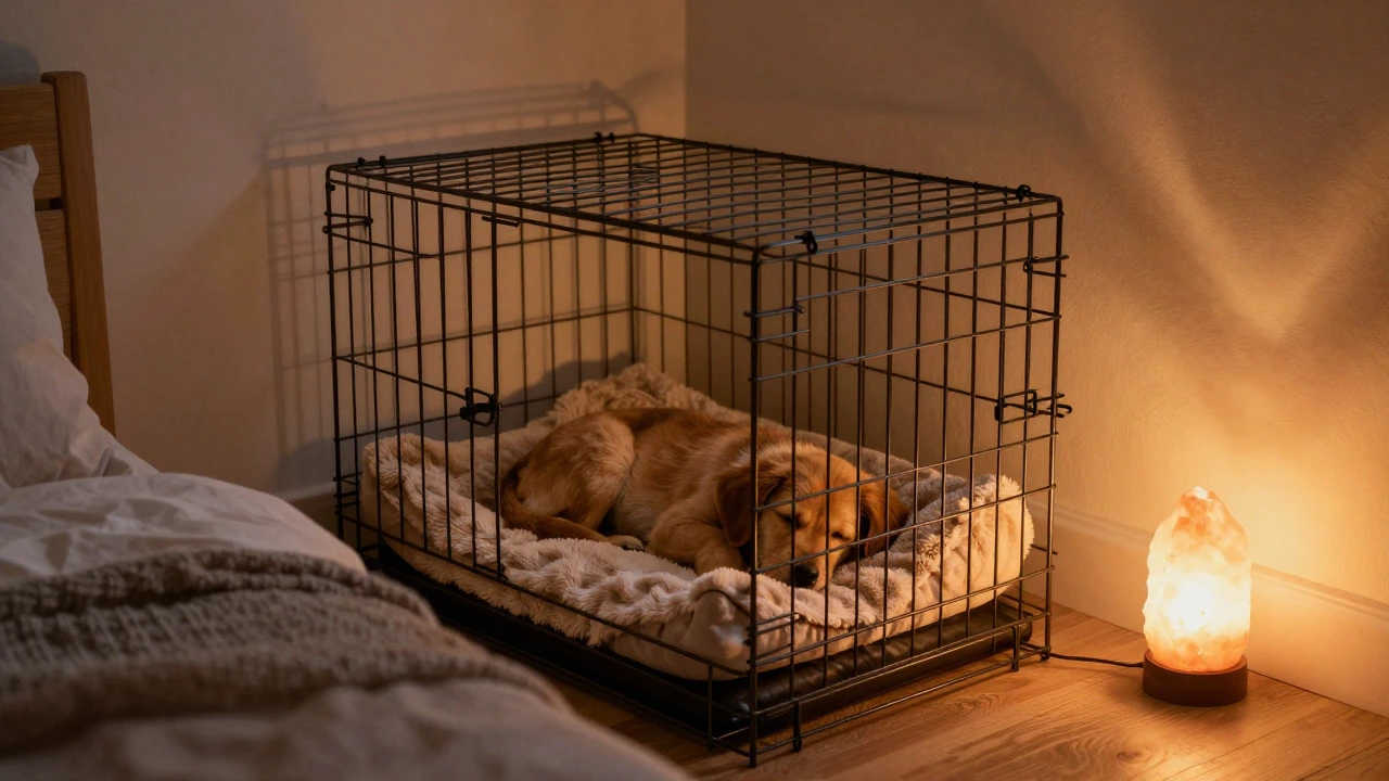 Sleeping puppy in a crate next to a bed in warm light