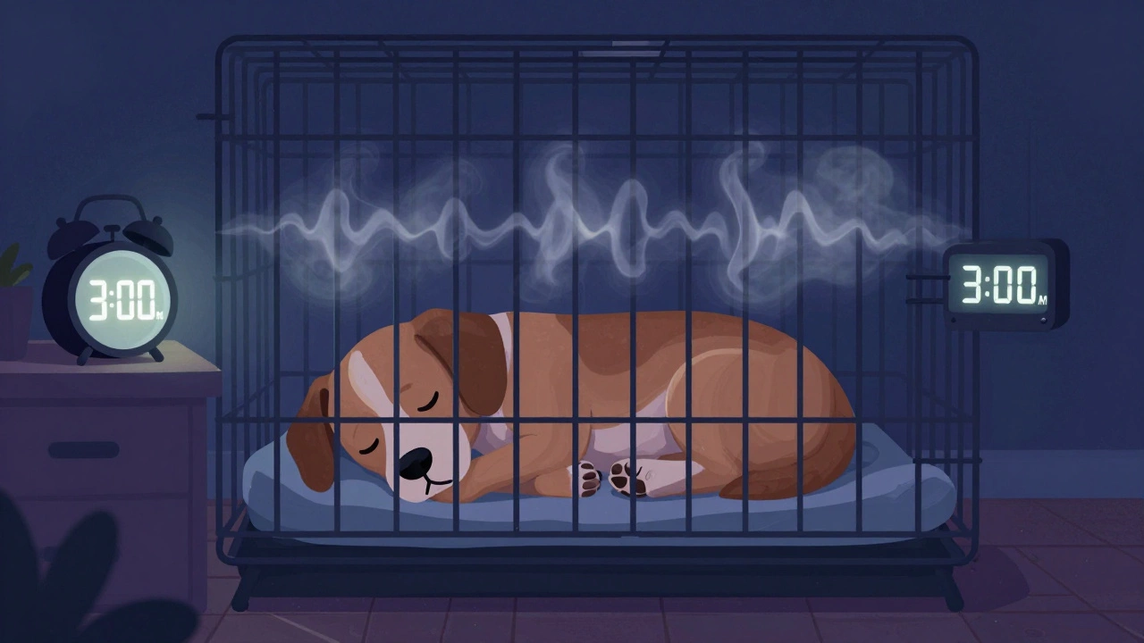 Sleeping puppy in crate with alarm clock nearby