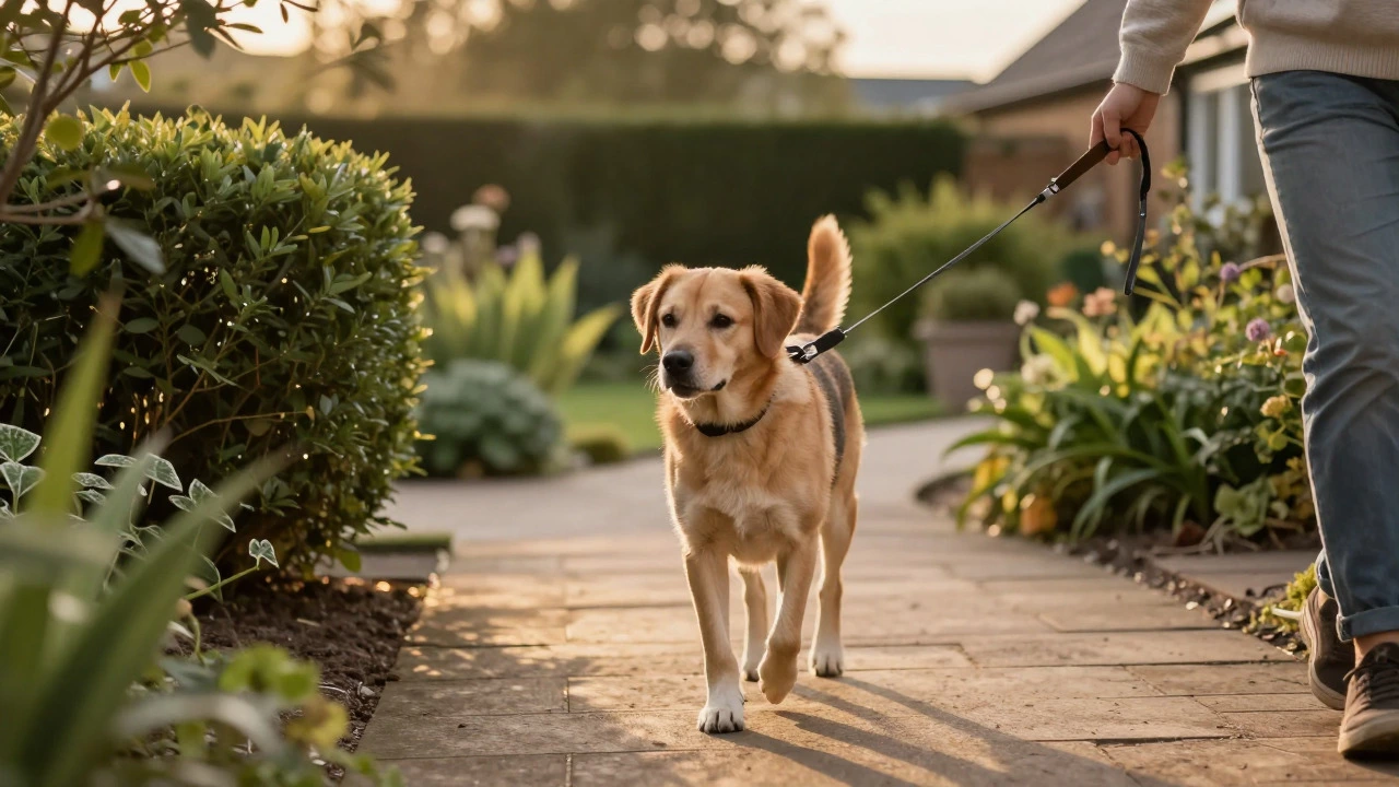 A dog taking a calm evening walk in a garden during golden hour