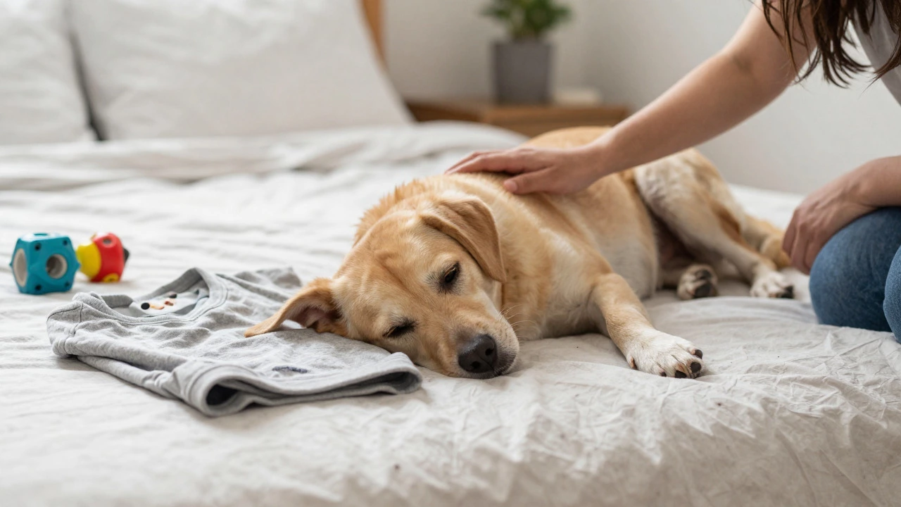 A relaxed dog resting with a pet sitter and familiar items