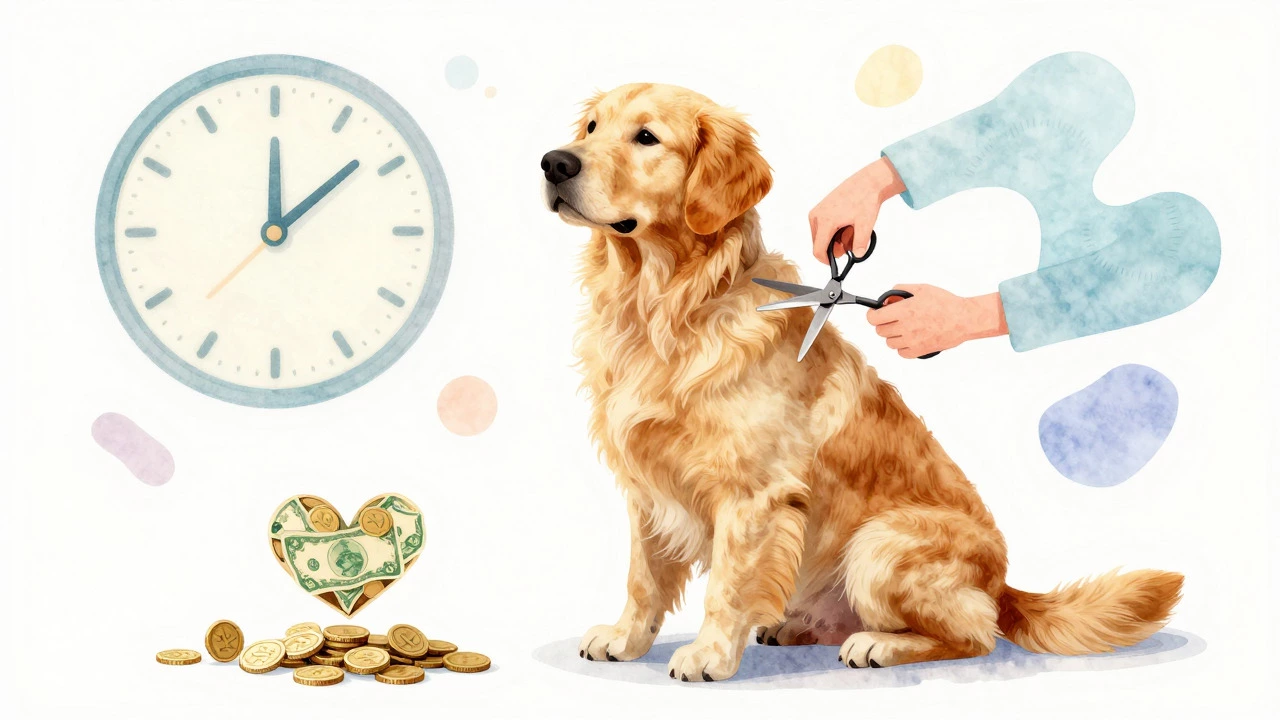 Artistic illustration of a groomer working with symbols of gratitude