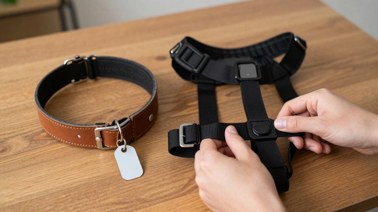 Breakaway ID collar and walking harness displayed on a table