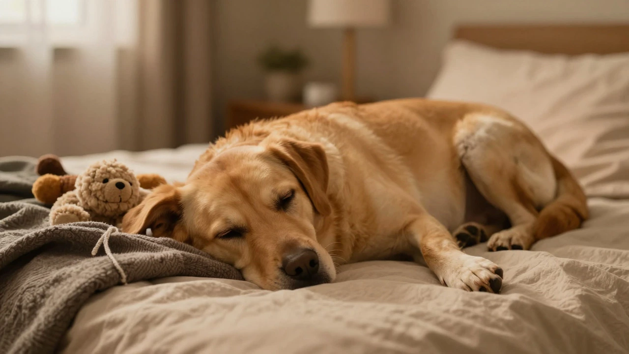 Calm dog resting on a bed with owner's clothes nearby