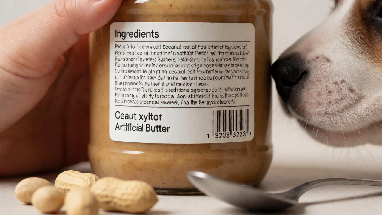 Close-up of a peanut butter jar label being checked for ingredients near a puppy