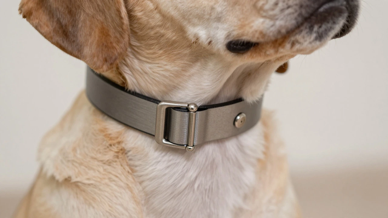 Close-up of a prong collar fitted correctly high on a dog's neck