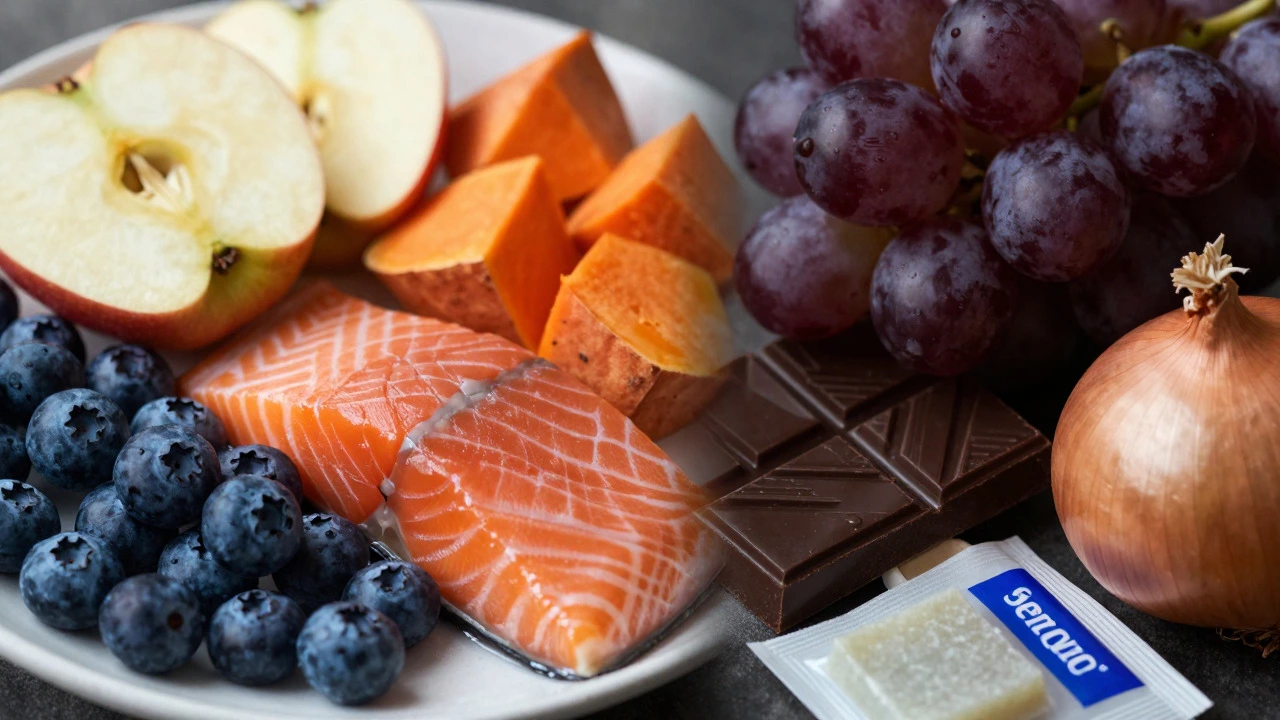 Close-up of safe fruits and meats next to toxic foods like chocolate and grapes.