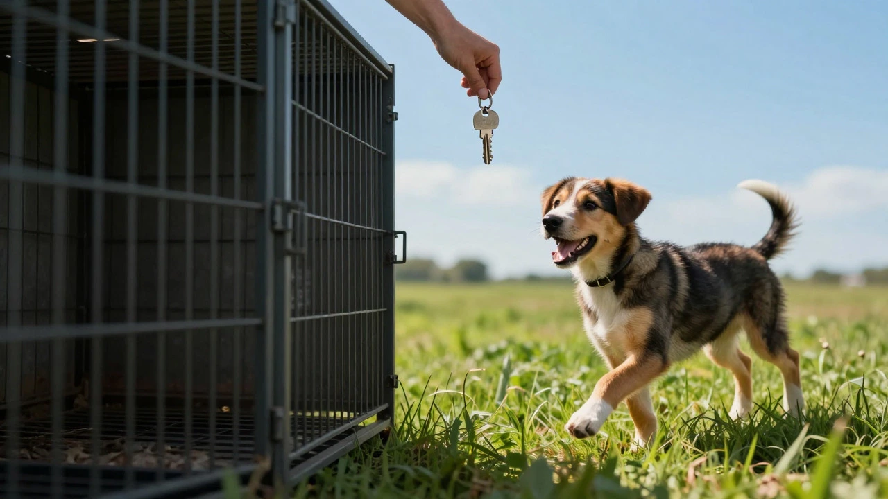 Contrast between a dark cage and a happy dog in an open field