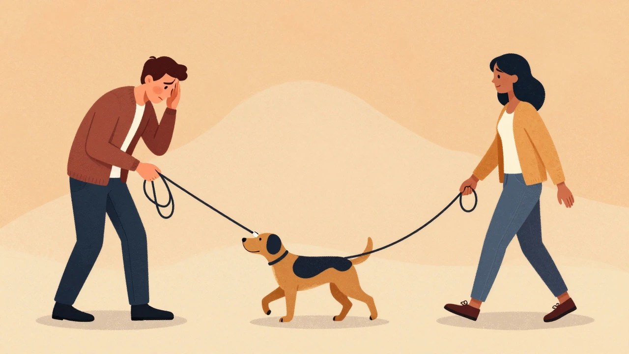 Contrast between a pulling dog and a calm, well-led dog on a walk
