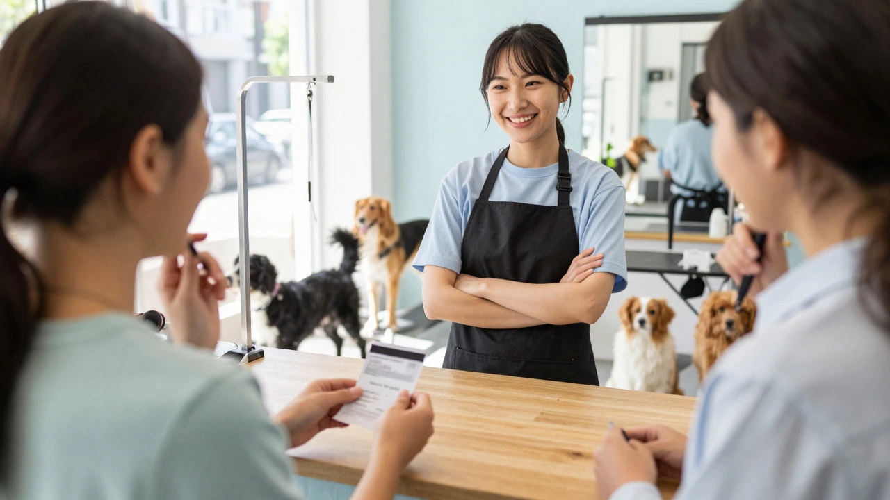 Customer deciding on a tip at a dog grooming salon counter
