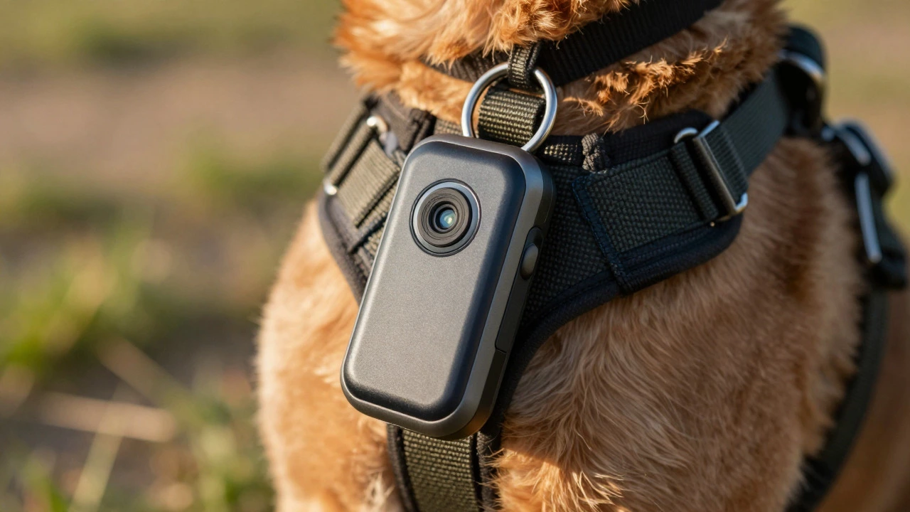 GPS tracker attached to a dog harness D-ring close-up