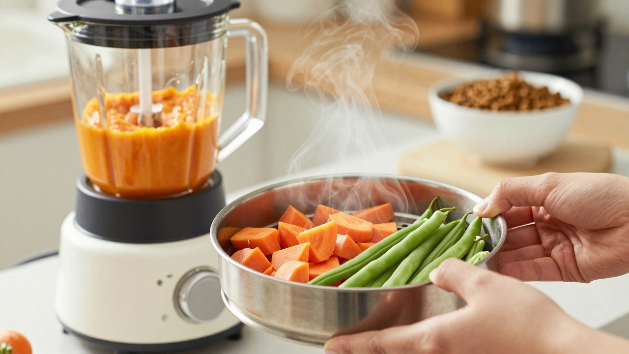 Hand holding steamed vegetables next to a blender with pumpkin puree in a kitchen