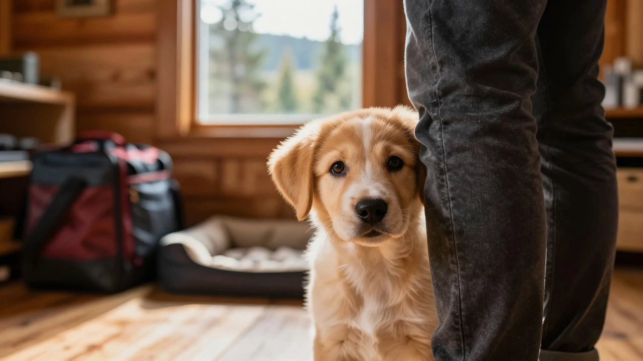 Happy puppy in a cozy cabin during a dog-friendly holiday trip