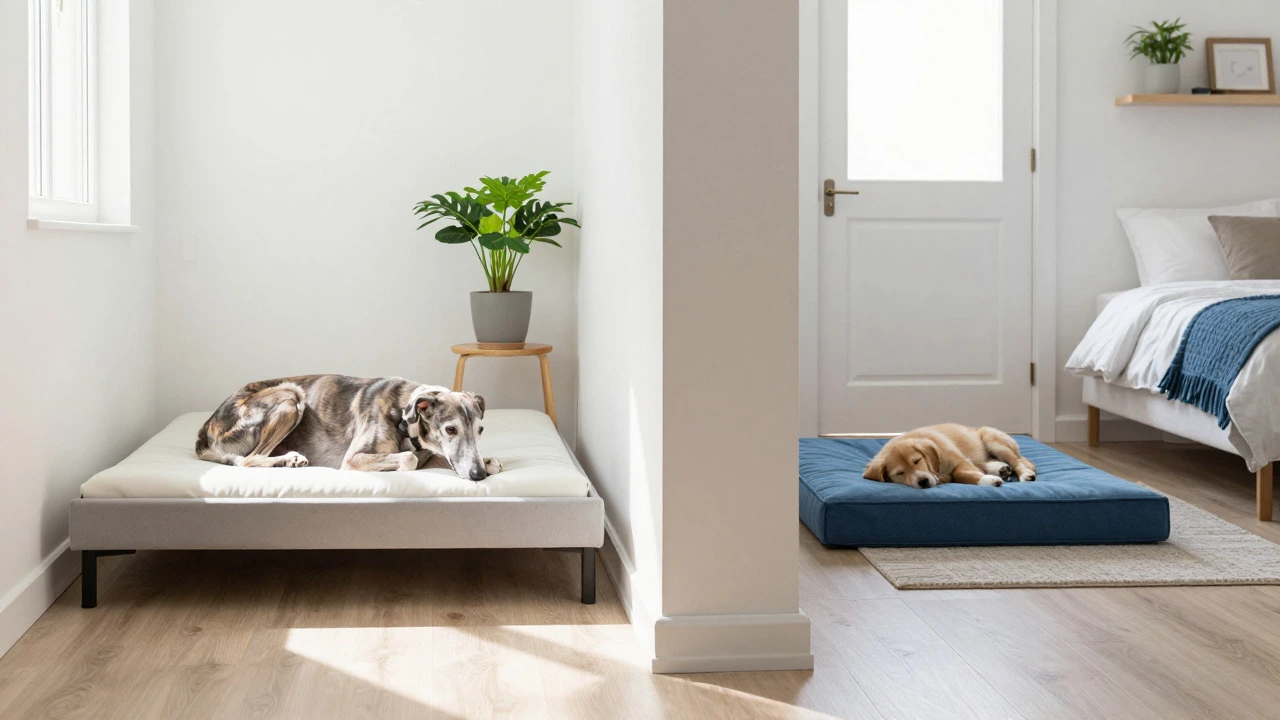 Older dog resting on a bed in a hallway, avoiding stairs for joint comfort