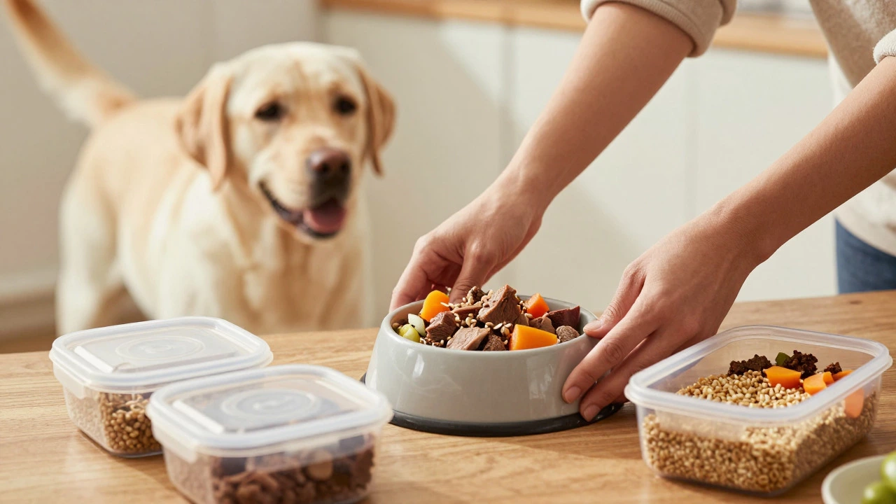 Person serving fresh homemade dog meal to a happy Labrador in a kitchen.