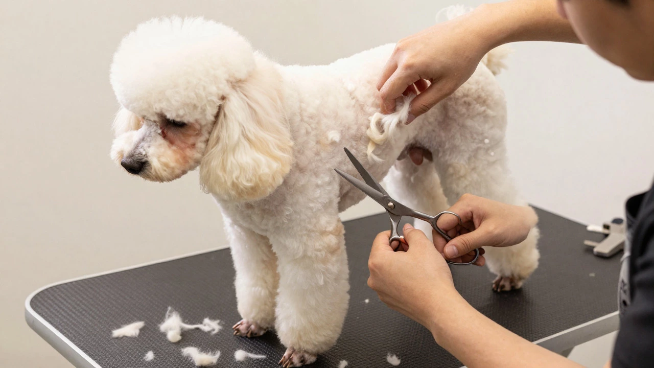 Poodle receiving a detailed scissor cut on a grooming table
