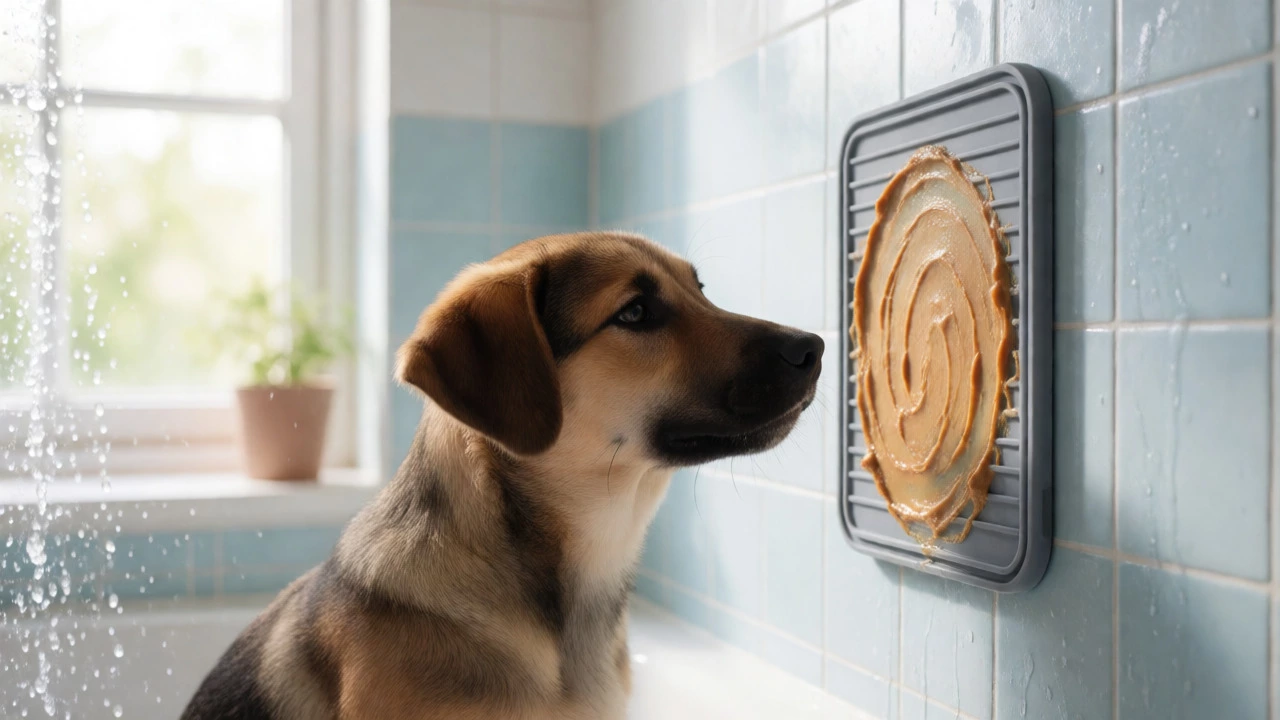 Puppy calmly licking peanut butter from a silicone mat on a wall during bath time