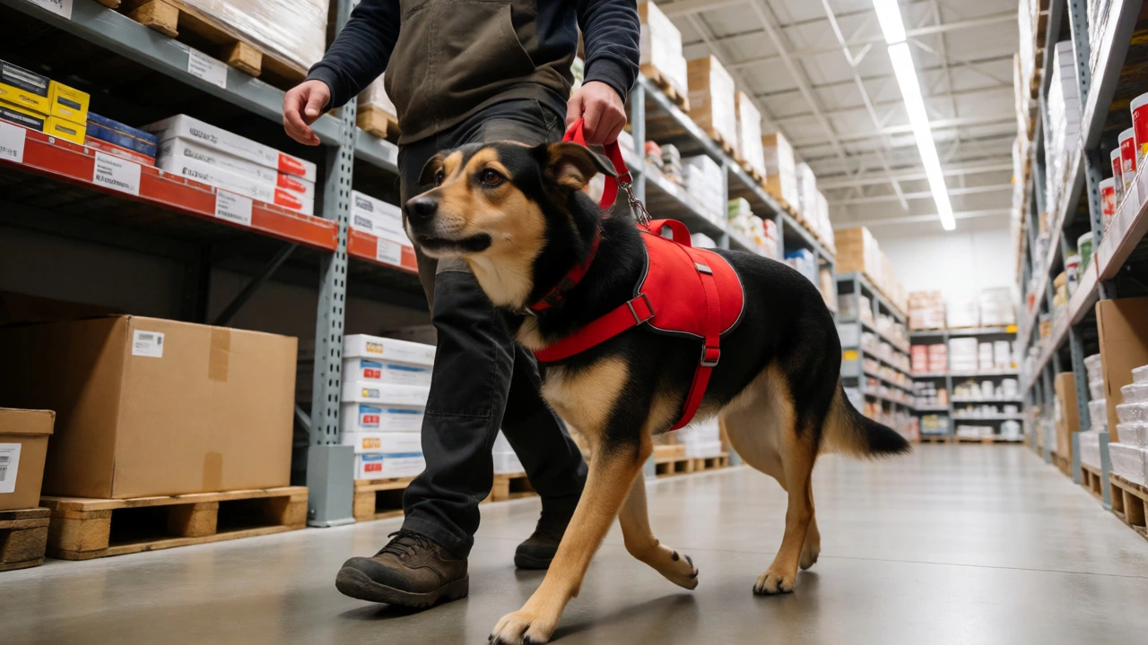 Service dog in red harness walking through hardware store aisle