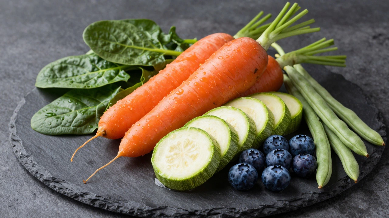 Still life of carrots, zucchini, spinach, and blueberries arranged on a slate surface