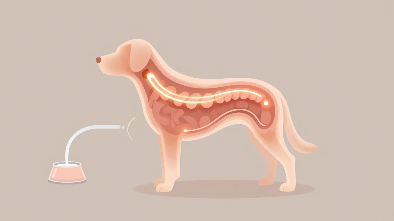 Stylized illustration showing the path of digestion and hydration in a dog