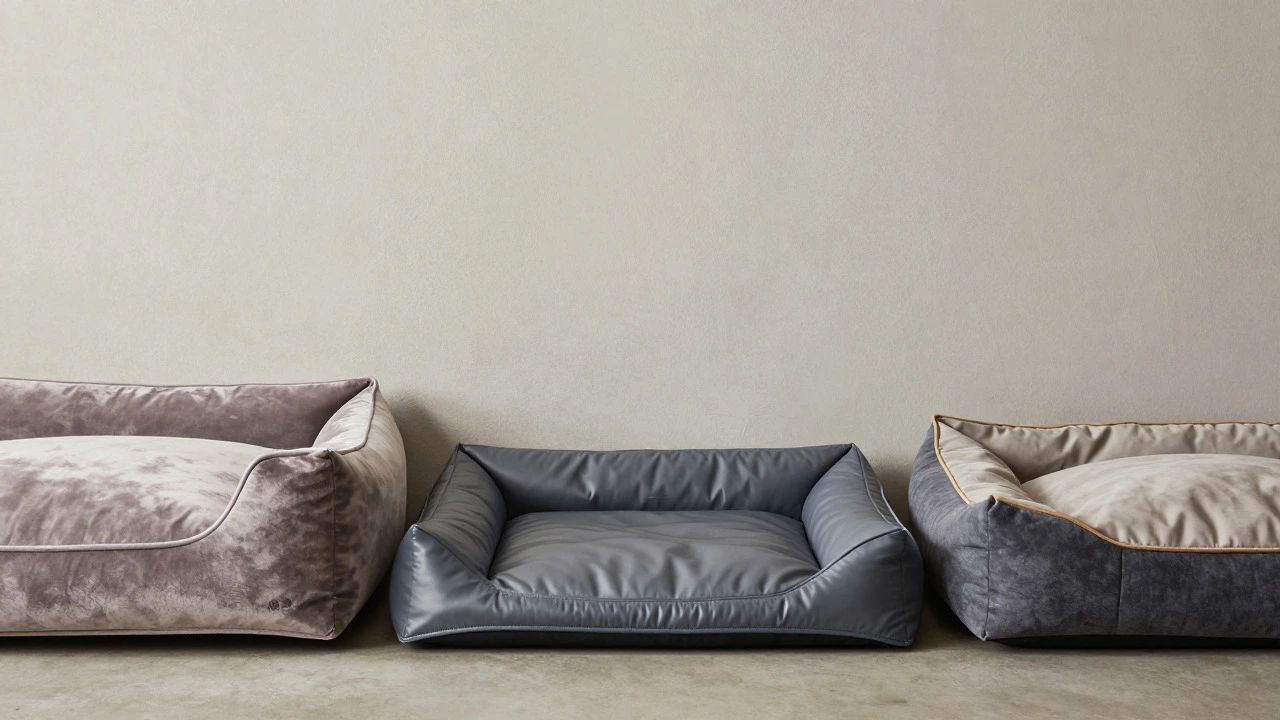 Three different types of dog beds displayed to show material and style options