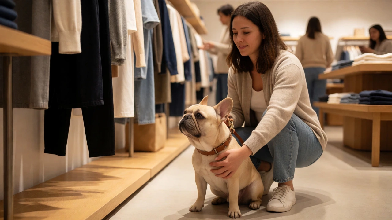 Woman shopping with French Bulldog on leash in clothing boutique