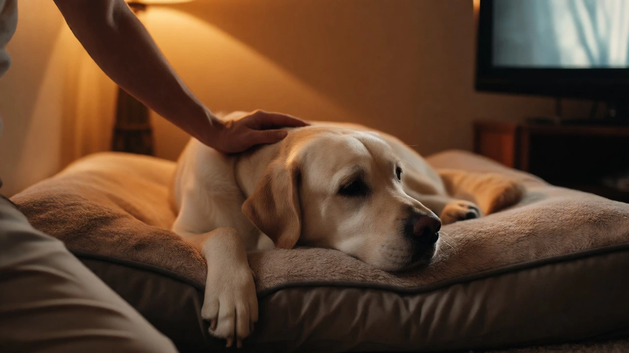 A person brushing a calm dog on its bed in a dimly lit room.