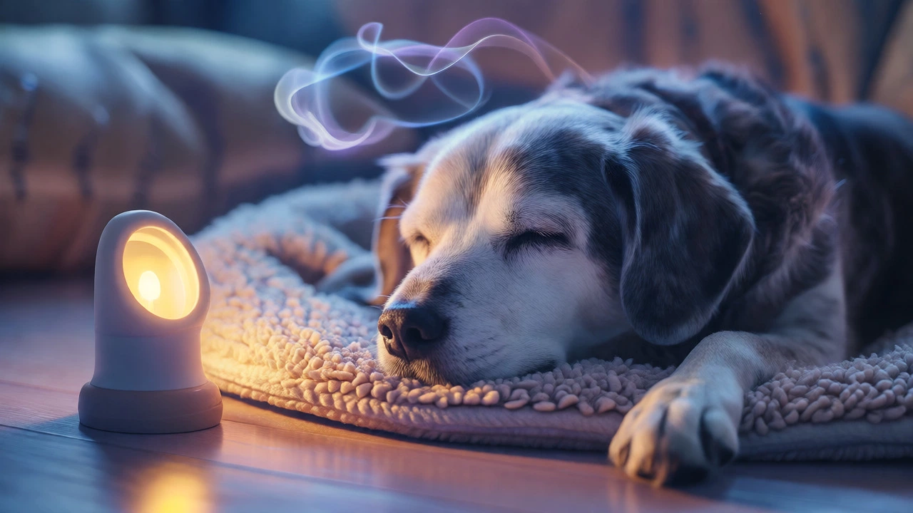 A senior dog sleeping peacefully under a soft nightlight glow.