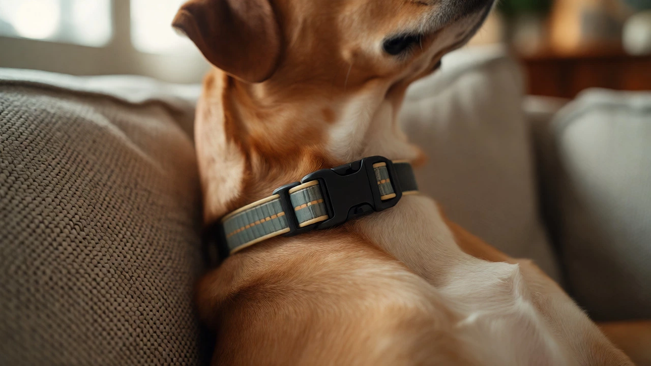Close-up of a dog sleeping comfortably with a loose-fitting breakaway collar.