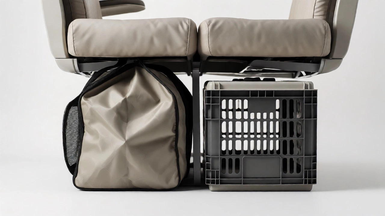 Comparison of a flexible soft-sided carrier fitting under a seat versus a rigid crate sticking out.