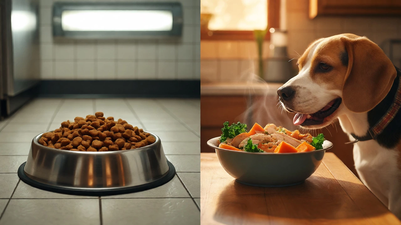 Comparison of dry kibble and fresh dog food bowls with a curious beagle.